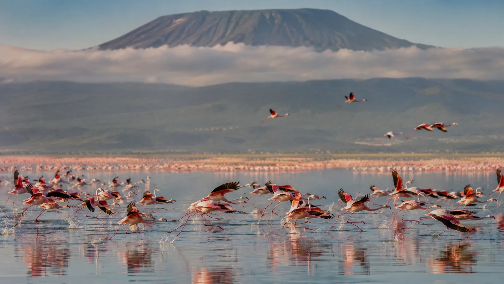 Flamingo flight over lake